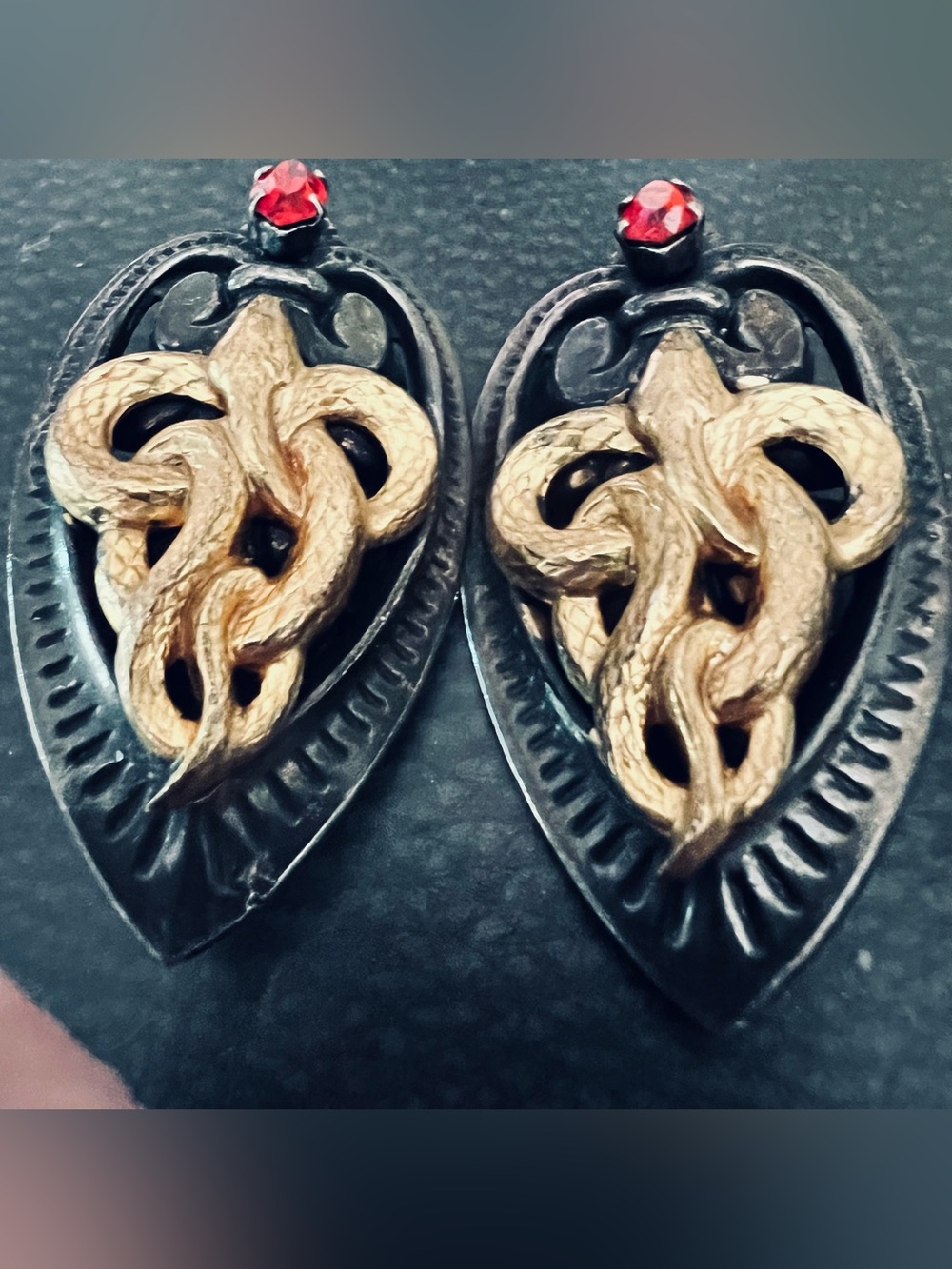 Gold-Tone Serpent Heart Drop Earrings with Red Accent - Women Accessories